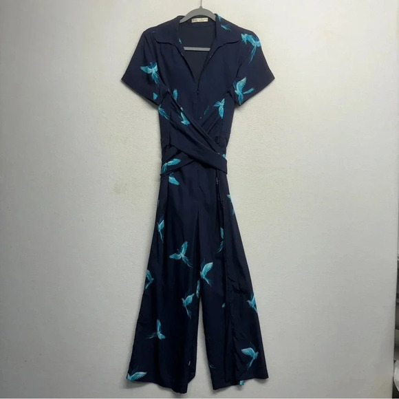 Wayward Fancies EShakti Wide Leg Bird Jumpsuit Navy Blue M Belted Pockets - Picture 5 of 14